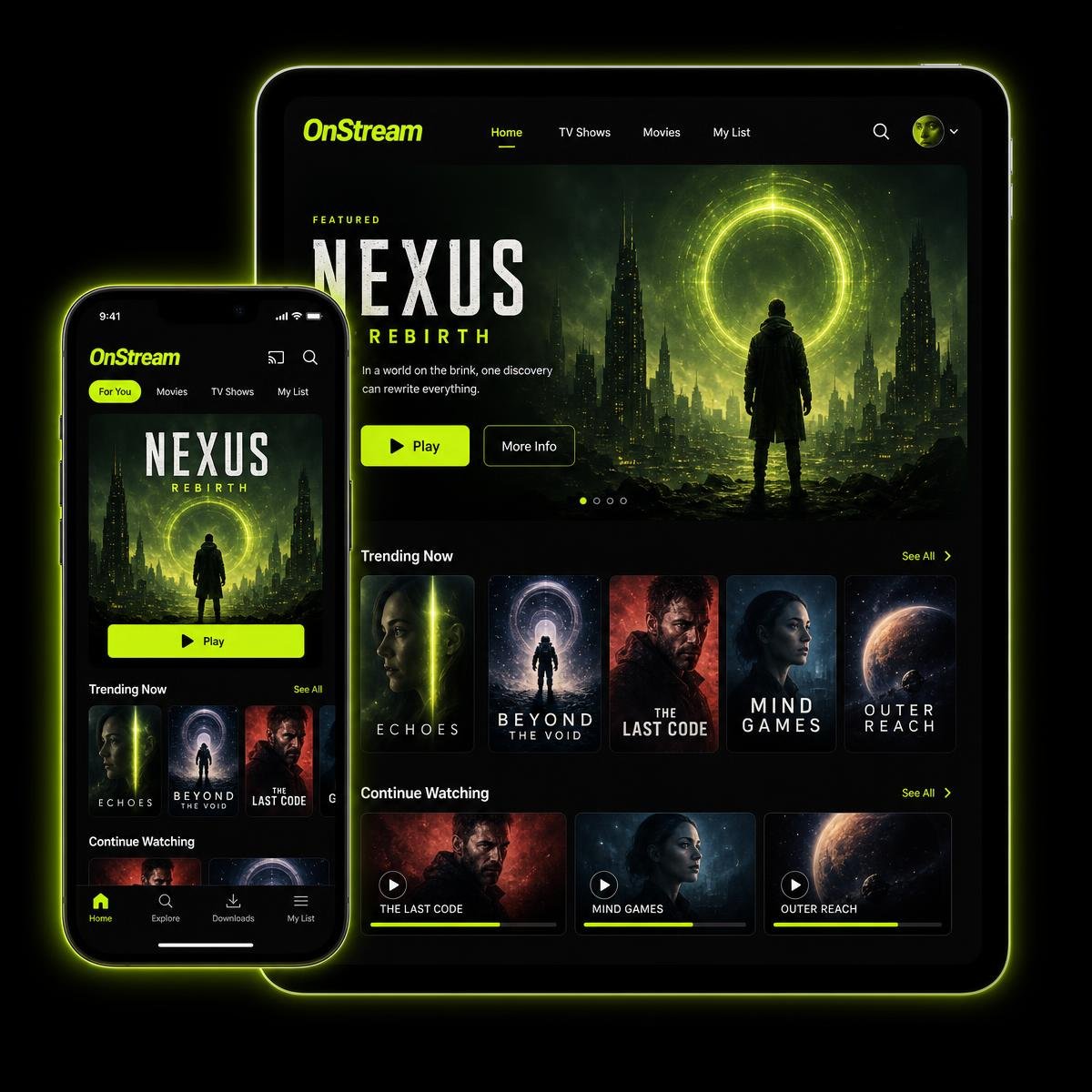 OnStream app running on a phone and tablet showing movie and TV show listings