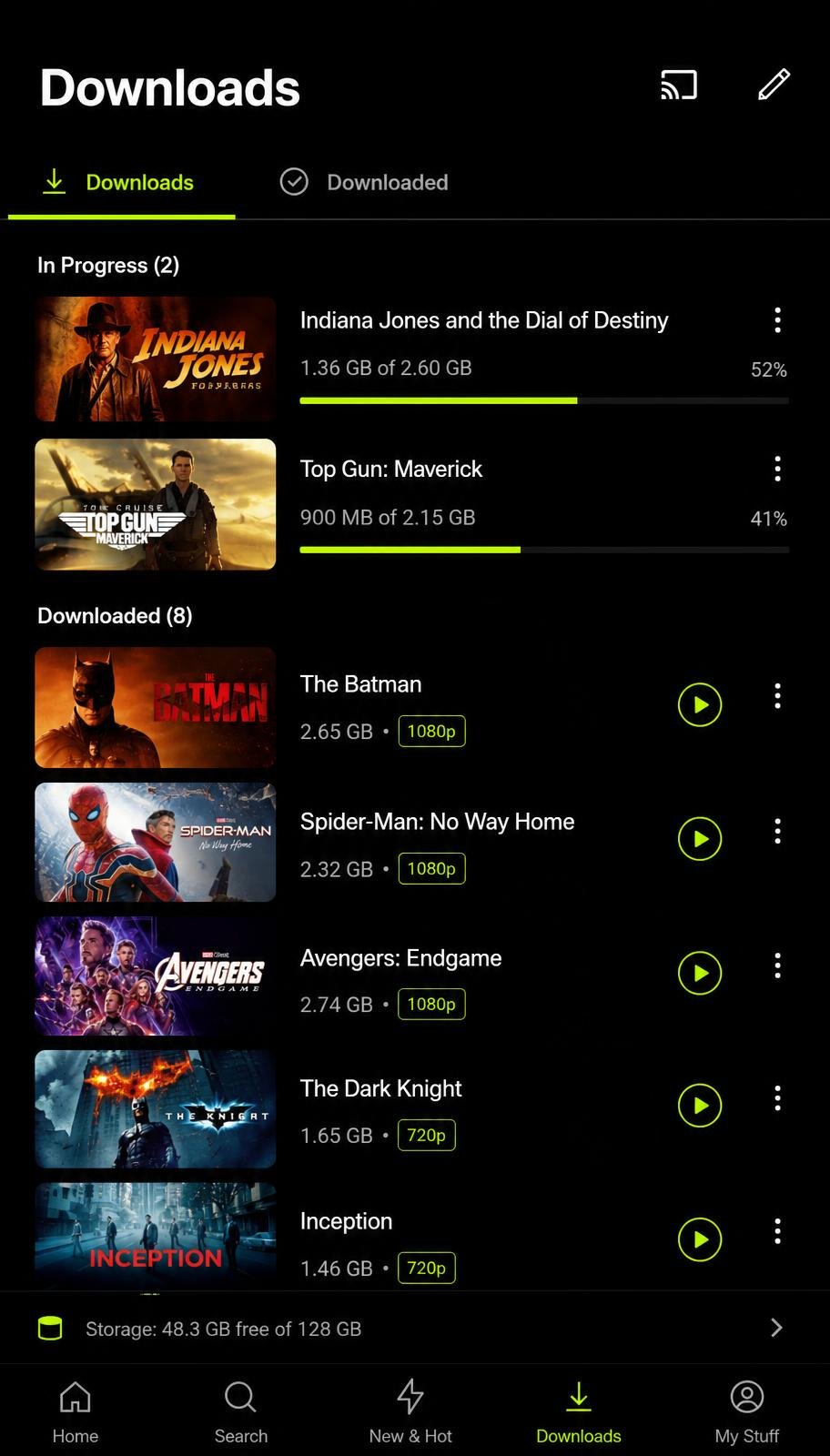 OnStream downloads screen listing offline movies with quality labels