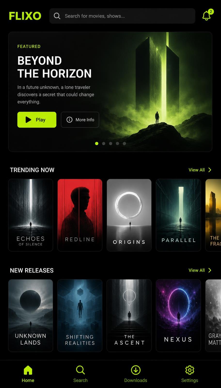 OnStream app home screen showing a featured banner and rows of movie posters