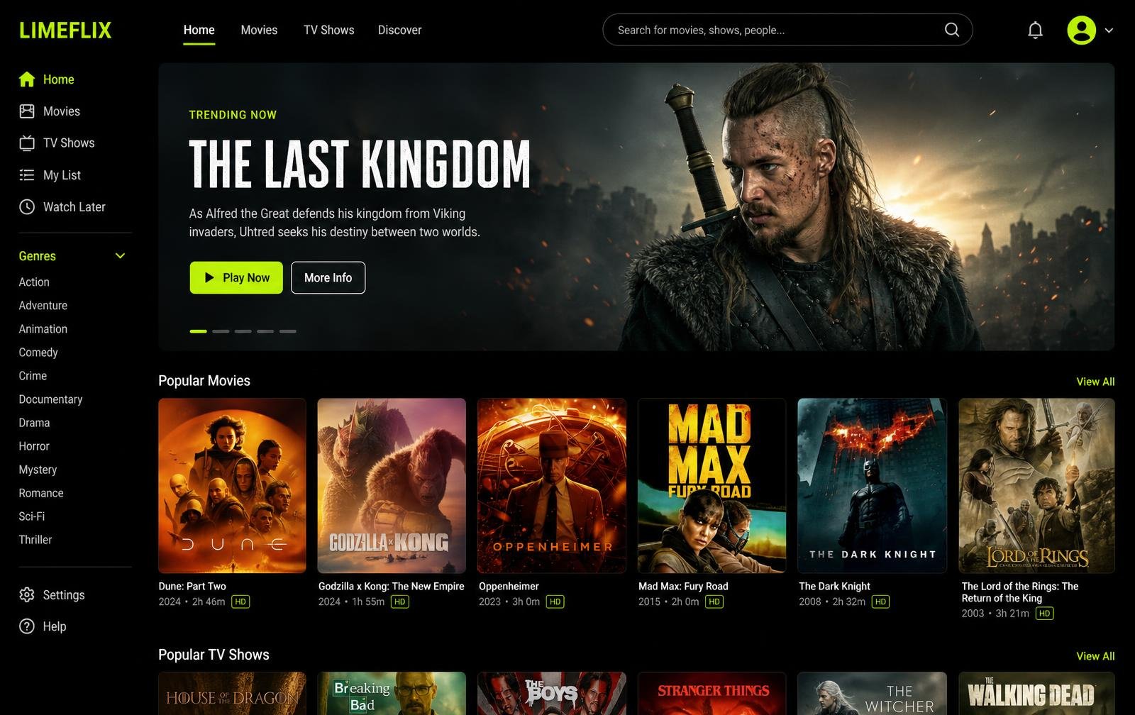 OnStream desktop app on a PC showing a wide hero banner and grid of movie posters