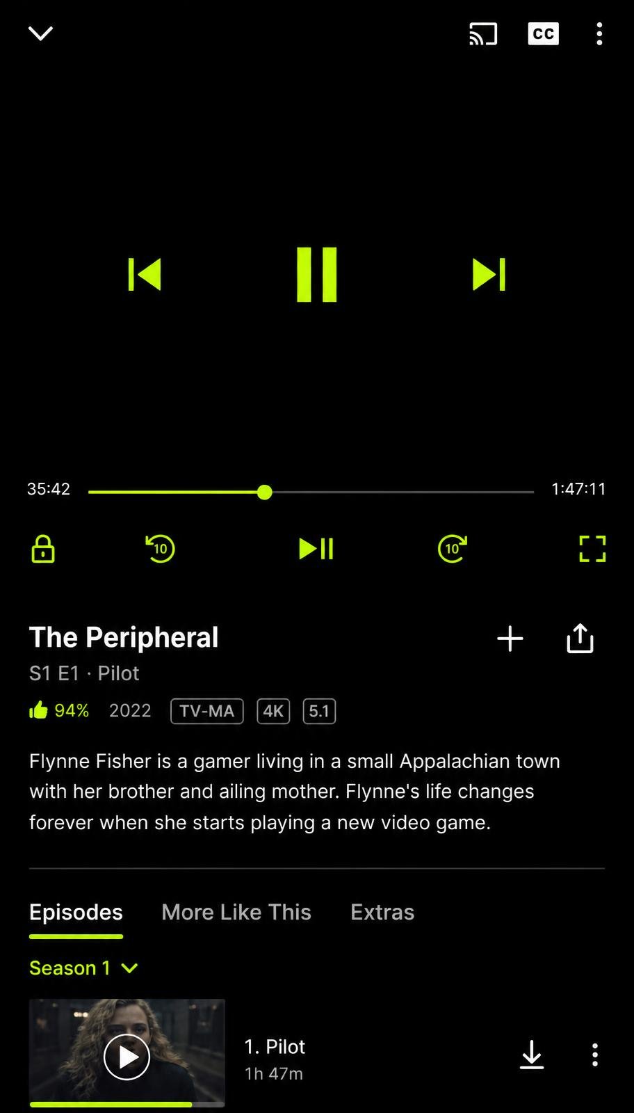 OnStream video player with playback controls, quality selector and episode list